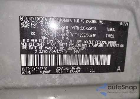 2021 Toyota Rav4 Adventure z USA, uszkodzony, nr VIN 2T3J1RFV3MW172405